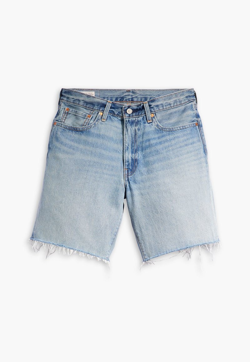 Light blue denim shorts with a frayed hem, featuring five pocket design, metal button closure, and belt loops. Smooth texture with faded wash.