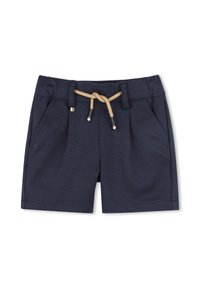 Pantaloni corti blu navy realizzati in tessuto texture con due tasche frontali, vita con coulisse in marrone chiaro e dettagli metallici sui lacci.