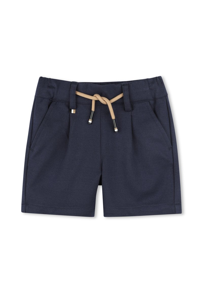 Pantaloni corti blu navy realizzati in tessuto texture con due tasche frontali, vita con coulisse in marrone chiaro e dettagli metallici sui lacci.