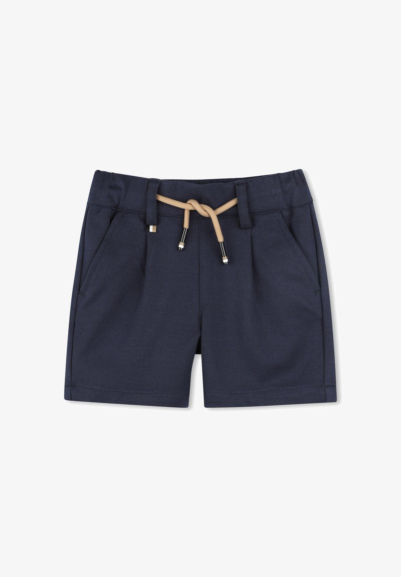 Navyblauwe shorts van gestructureerde stof met twee voorzakken, een lichtbruine tailleband met trekkoord en metalen accenten op de koorden.