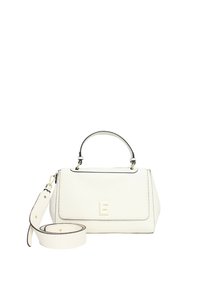 Borsa a tracolla in pelle bianca con forma strutturata, dettagli neri, tracolla removibile, manico superiore e una lettera "E" in rilievo sul davanti.