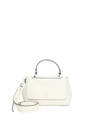 Borsa a tracolla in pelle bianca con forma strutturata, dettagli neri, tracolla removibile, manico superiore e una lettera "E" in rilievo sul davanti.