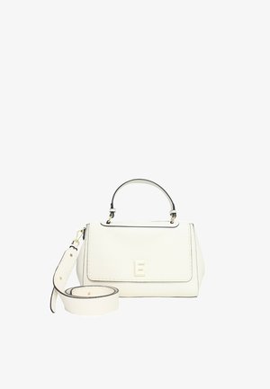Borsa a tracolla in pelle bianca con forma strutturata, dettagli neri, tracolla removibile, manico superiore e una lettera "E" in rilievo sul davanti.