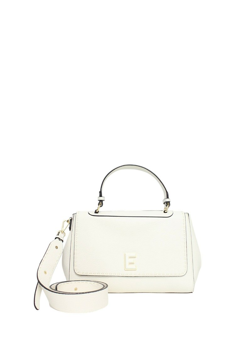 Borsa a tracolla in pelle bianca con forma strutturata, dettagli neri, tracolla removibile, manico superiore e una lettera "E" in rilievo sul davanti.