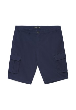 Pantaloncini cargo blu navy con passanti per cintura, chiusura frontale con bottoni, tasche laterali e tasche con patta su ogni coscia.