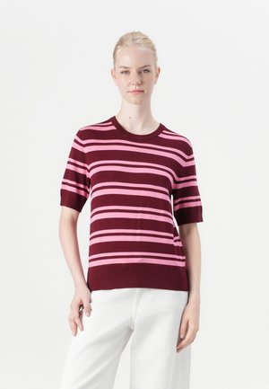 Short-sleeved knit top featuring burgundy and pink horizontal stripes, a round neckline, and a ribbed hem. Smooth texture with a relaxed fit.