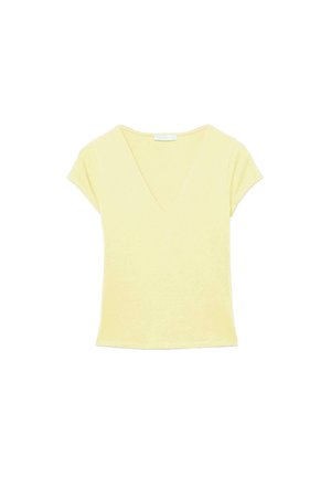 Top da donna a maniche corte color giallo chiaro con scollo a V, taglio aderente e tessuto morbido.
