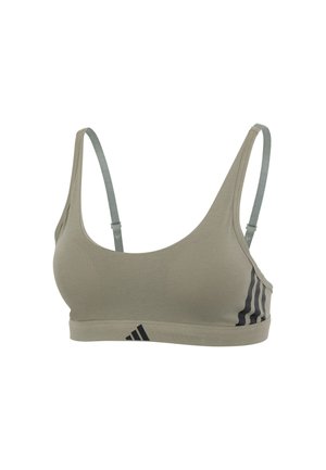 Sportbh in licht olijfgroen met een zwart drie-strepenontwerp aan de zijkant. Heeft dunne, verstelbare bandjes en een gladde textuur.