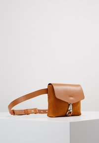 Borsa in pelle marrone con corpo in suede e pattina liscia. Presenta una chiusura in metallo lucido e una tracolla regolabile. Forma rettangolare compatta.
