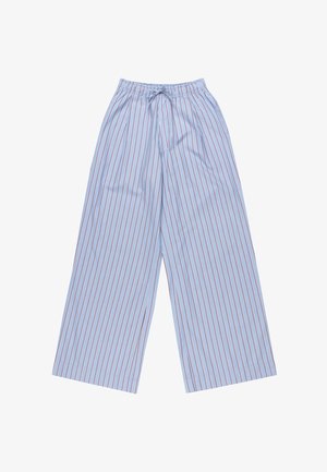 Modré pruhované kalhoty s širokými nohavicemi a červenými vertikálními pruhy, vyrobené z lehkého materiálu, s elastickým pasem na šňůrku a bočními kapsami.