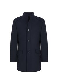 Granatowy wełniany płaszcz z wysokim kołnierzem, pięcioma guzikami, dwoma bocznymi kieszeniami oraz prostą formą, wykonany z fakturowanej tkaniny.