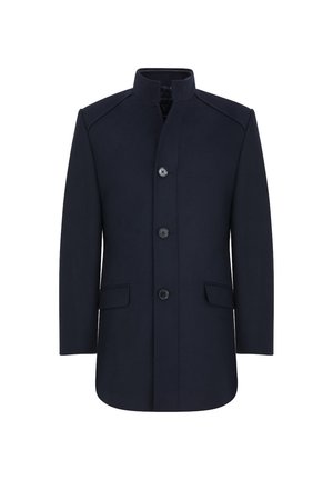 Granatowy wełniany płaszcz z wysokim kołnierzem, pięcioma guzikami, dwoma bocznymi kieszeniami oraz prostą formą, wykonany z fakturowanej tkaniny.