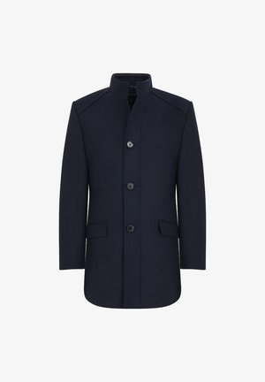 Granatowy wełniany płaszcz z wysokim kołnierzem, pięcioma guzikami, dwoma bocznymi kieszeniami oraz prostą formą, wykonany z fakturowanej tkaniny.
