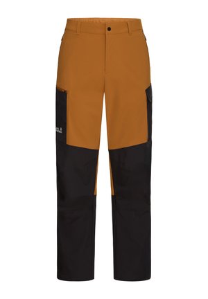 Braune und schwarze Outdoor-Hose mit wasserabweisender Oberfläche, ausgestattet mit Cargotaschen und einer Reißverschlusstasche an der Seite. Figurbetonte Passform mit verstärkten Nähten.