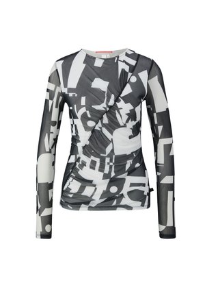 Top a maniche lunghe realizzato in tessuto trasparente, con un motivo astratto bianco e nero, dettagli drappeggiati e colletto rotondo.