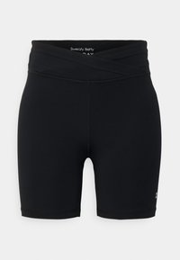 Black athletic shorts with a high, wrapped waistband, smooth texture, and stitched detailing. Logo accent on the lower right side.