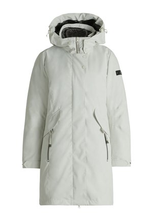 Parka gris clair avec capuche, dotée d'une fermeture éclair, de deux poches latérales et d'une texture de tissu lisse. Doublure intérieure noire et détail de marque.