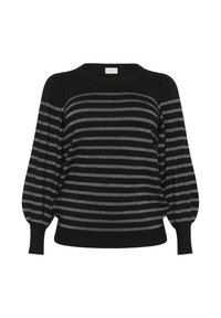 Suéter negro de manga larga con franjas plateadas horizontales, mangas abullonadas, puños acanalados y cuello y dobladillo acanalados.