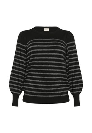 Black long-sleeve sweater with horizontal silver stripes, puffed sleeves, ribbed cuffs, and a ribbed neckline and hem.