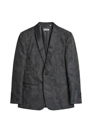Blazer negro de un solo botón con un sutil patrón floral de jacquard, solapa de raso tipo chal y dos bolsillos delanteros de ojal.
