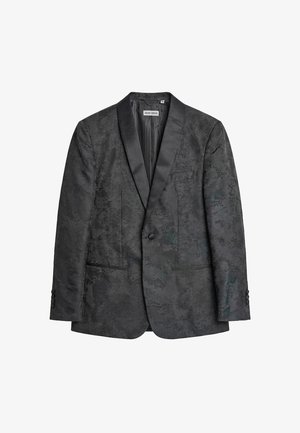Blazer negro de un solo botón con un sutil patrón floral de jacquard, solapa de raso tipo chal y dos bolsillos delanteros de ojal.