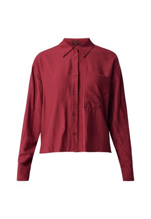 Burgundy long-sleeve shirt with a collar, front placket, and single chest pocket; made from smooth, lightweight fabric with a subtle sheen.