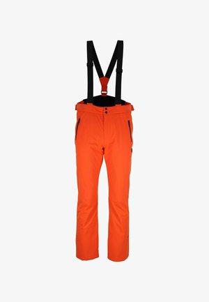 Pantalons de ski orange vif avec bretelles noires ajustables, deux poches latérales zippées et coupe droite. Matière durable et résistante à l'eau.