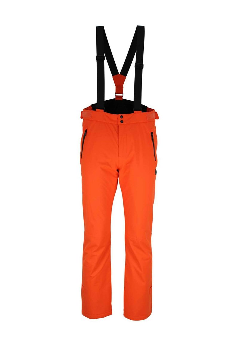 Pantalons de ski orange vif avec bretelles noires ajustables, deux poches latérales zippées et coupe droite. Matière durable et résistante à l'eau.