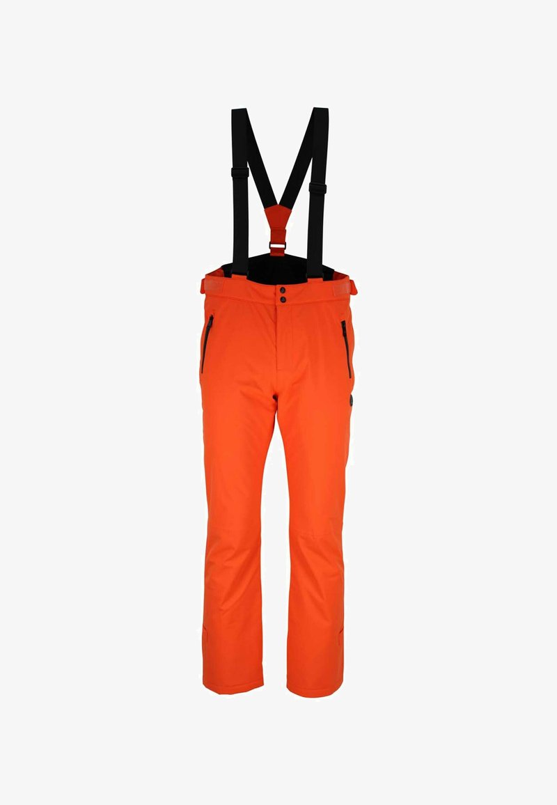 Pantalons de ski orange vif avec bretelles noires ajustables, deux poches latérales zippées et coupe droite. Matière durable et résistante à l'eau.