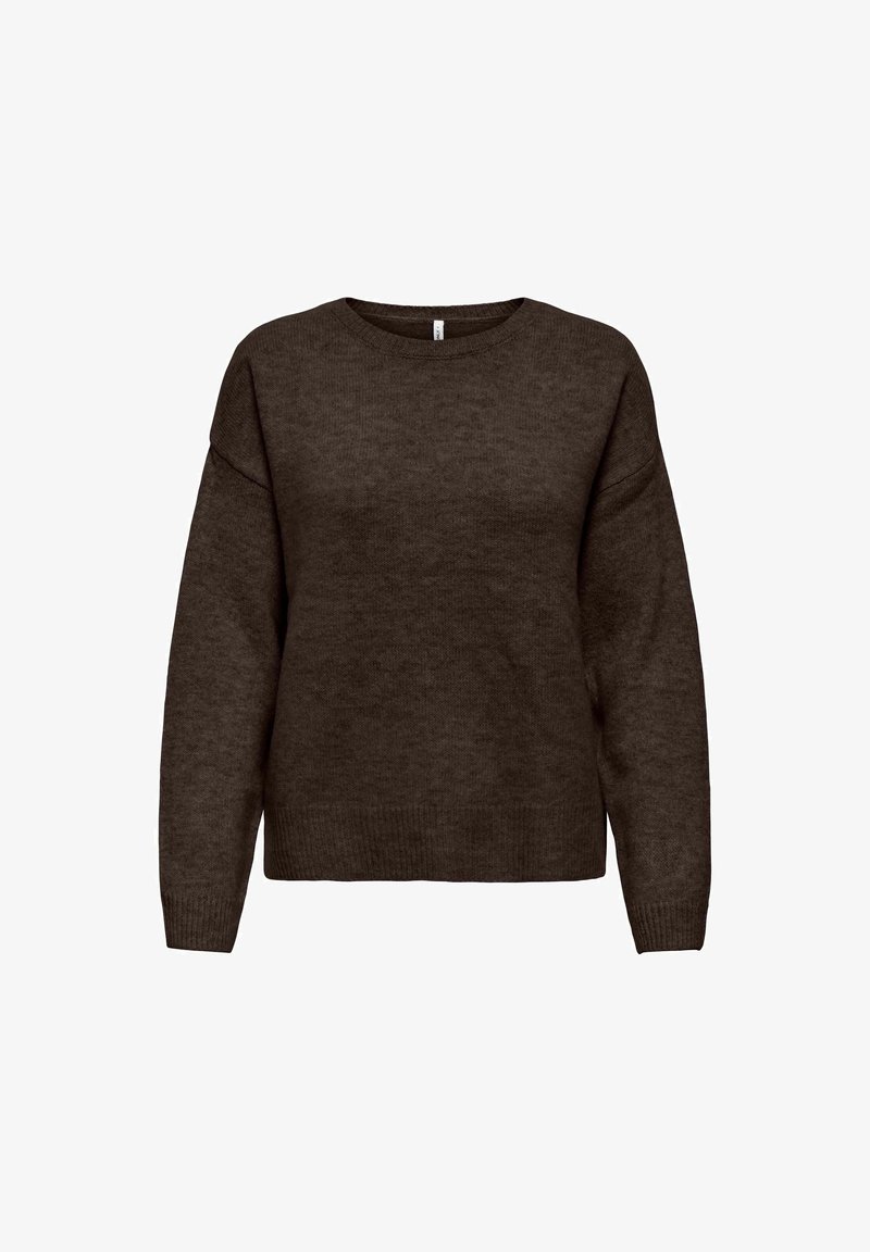 Pull en maille marron à manches longues avec un col rond et des poignets et un ourlet côtelés, présenté sur un fond blanc uni.