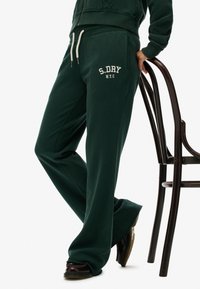 Pantalones de chándal verdes de corte relajado, fabricados en una tela suave. Presentan el logotipo blanco "S.DRY N.Y.C." en el muslo y una cinturilla ajustable con cordón.