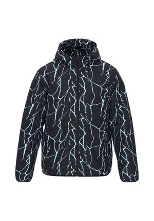 Zwarte jack met capuchon, voorzien van een gebroken blauw patroon. Materiaal lijkt textuur te hebben met een gladde afwerking. Voorkant met rits.