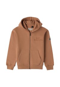 Brązowa bluza zapinana na zamek z kapturem, przednimi kieszeniami, ściągaczami na rękawach i wytłoczonym logo. Gładka faktura i swobodny design.