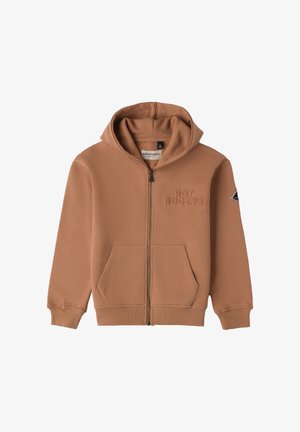 Felpa con zip marrone, dotata di cappuccio, tasche frontali, polsini a coste e logo impresso. Texture liscia e design casual.