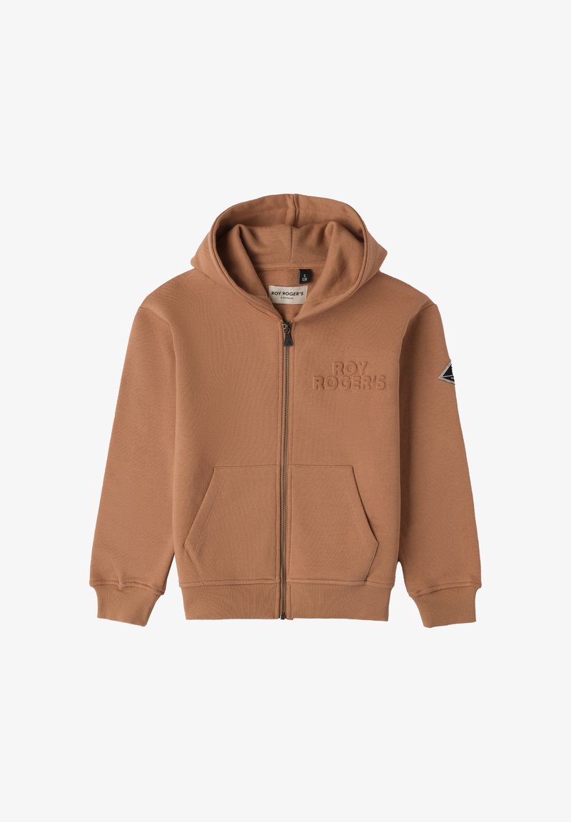 Brązowa bluza zapinana na zamek z kapturem, przednimi kieszeniami, ściągaczami na rękawach i wytłoczonym logo. Gładka faktura i swobodny design.