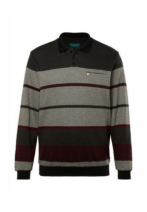 Koszulka polo z długim rękawem w poziome paski w odcieniach szarości, czerni i burgunda. Posiada zapięcie na trzy guziki oraz kieszeń na piersi.