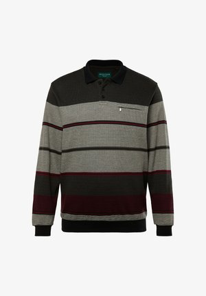 Koszulka polo z długim rękawem w poziome paski w odcieniach szarości, czerni i burgunda. Posiada zapięcie na trzy guziki oraz kieszeń na piersi.