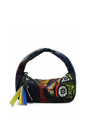 Sac en toile avec une poignée incurvée, présentant un motif abstrait coloré, une fermeture zippée et des pompons décoratifs en bleu, jaune et vert.