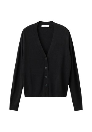 Schwarzer Cardigan aus weichem Material, mit V-Ausschnitt, langen Ärmeln und einer Frontverschluss mit sechs schwarzen Knöpfen.