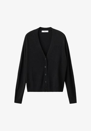 Schwarzer Cardigan aus weichem Material, mit V-Ausschnitt, langen Ärmeln und einer Frontverschluss mit sechs schwarzen Knöpfen.