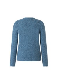 Blau strukturierter Pullover mit langen Ärmeln, rundem Halsausschnitt und einem einfarbigen Rückendesign. Das Material wirkt gestrickt und hat eine weiche Oberfläche, ohne sichtbare Muster.