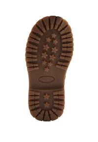 Talpă de pantof din cauciuc maro, cu un model de uzură ce prezintă stele și caneluri. Logo central cu formă rotunjită și design cu margini întărite.