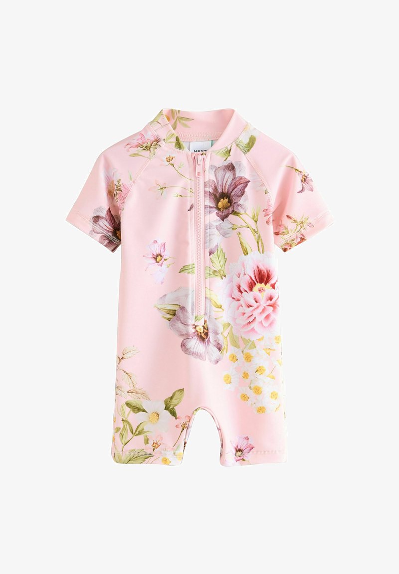 Rosa Baby-Strampler mit kurzen Ärmeln, einem Reißverschluss vorne und einem Blumenmuster mit großen und kleinen Blumen in sanften Farben.