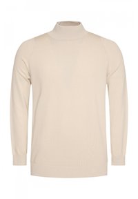 Bež pulover s turtleneck ovratnikom, izdelan iz mehkega pletenega materiala, z dolgimi rokavi in ribastimi manšeti. Gladka tekstura z minimalnimi detajli.