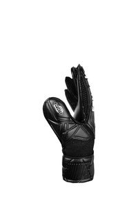 Black goalkeeper glove with textured grip, five finger design, reinforced palm, and logo accents. Made from durable synthetic materials.