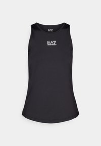 Top senza maniche nero realizzato in tessuto liscio. Presenta un collo rotondo e un logo EA7 bianco sul petto. Design semplice, senza pattern.