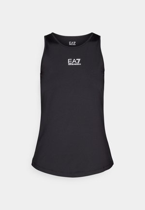 Zwarte mouwloze tanktop gemaakt van gladde stof. Voorzien van een ronde halslijn en een wit EA7-logo op de borst. Eenvoudig ontwerp, zonder patronen.