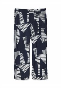 Pantaloni cropped blu navy con audaci motivi geometrici bianchi, realizzati in un tessuto morbido e testurizzato. Presentano una vita elasticizzata per il massimo comfort.