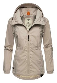 Lichtbeige windbreakerjas met een rits aan de voorkant, een verstelbare capuchon en elastische manchetten. Heeft een bloemenpatroon aan de binnenkant en logodetails.