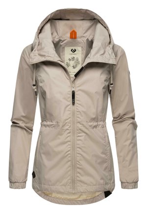 Light beige windbreaker jacket with a zip front, adjustable hood, and elastic cuffs. Features a floral pattern inside and logo details.